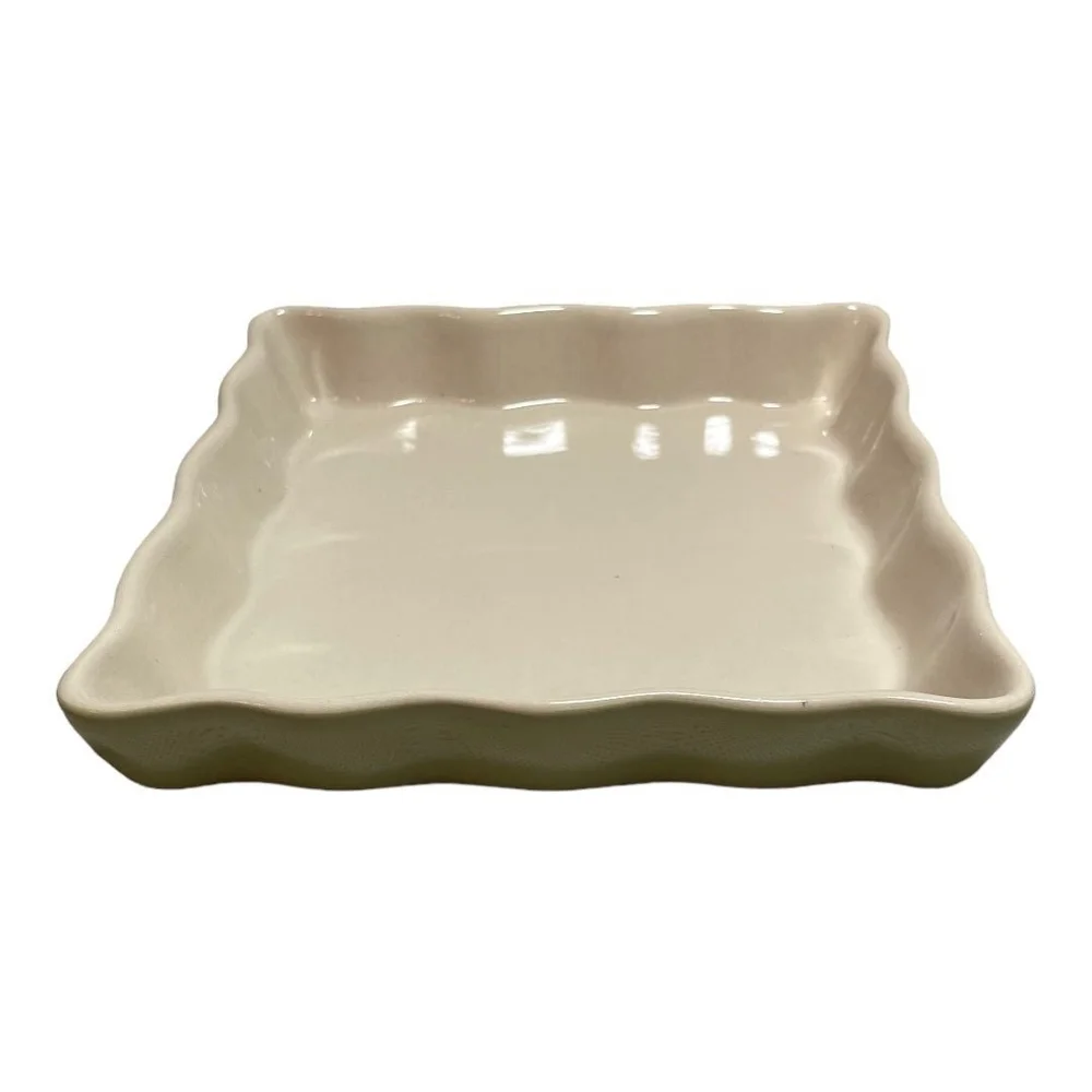 Vintage Square Scalloped Ceramic Baking Dish 7.5 Green Beige Stoneware Casserole